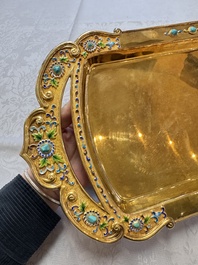 A rare Chinese export precious stone-inset and enamelled gilt-silver coffee set with matching tray, silver marks, 20th C.