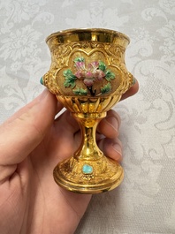 A rare Chinese export precious stone-inset and enamelled gilt-silver coffee set with matching tray, silver marks, 20th C.