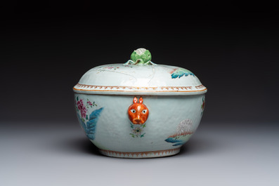 A Chinese famille rose covered 'Goats' tureen and a blue and white 'Floral' dish, Kangxi/Qianlong