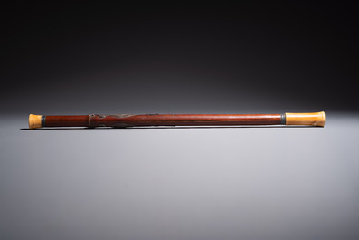 A Chinese enamelled Yixing stoneware teapot, a pewter container, a horn cup, a bamboo brush pot, and an opium pipe, Wan Shun 萬順 mark, 19/20th C.