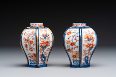 A gilt-decorated powder-blue-ground punch bowl and a pair of Imari-style jars, Samson, Paris, 19th C.