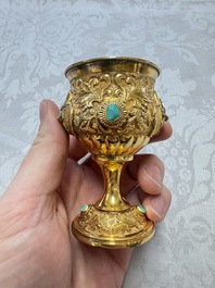 A rare Chinese export precious stone-inset and enamelled gilt-silver coffee set with matching tray, silver marks, 20th C.