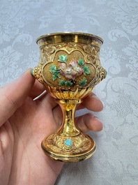 A rare Chinese export precious stone-inset and enamelled gilt-silver coffee set with matching tray, silver marks, 20th C.