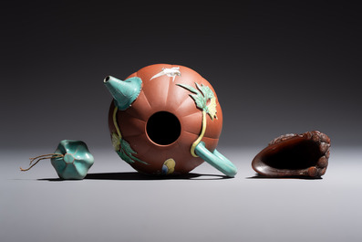 A Chinese enamelled Yixing stoneware teapot, a pewter container, a horn cup, a bamboo brush pot, and an opium pipe, Wan Shun 萬順 mark, 19/20th C.