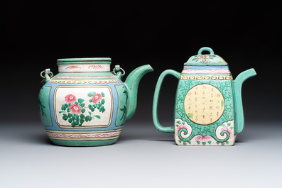 Two Chinese enamelled Yixing stoneware teapots, 19th C.