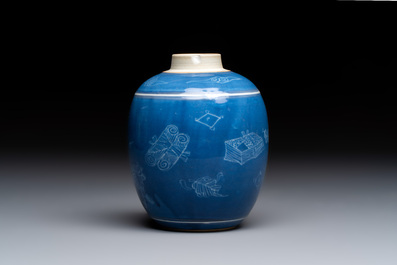 A Chinese blue-glazed 'Antiquities' jar with incised design, Kangxi