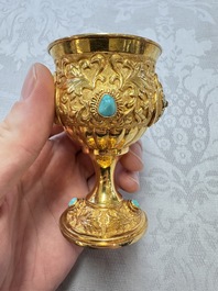 A rare Chinese export precious stone-inset and enamelled gilt-silver coffee set with matching tray, silver marks, 20th C.
