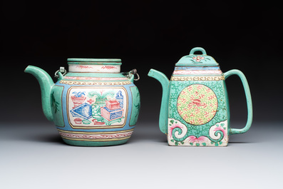 Two Chinese enamelled Yixing stoneware teapots, 19th C.