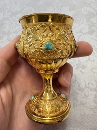 A rare Chinese export precious stone-inset and enamelled gilt-silver coffee set with matching tray, silver marks, 20th C.