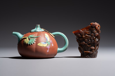 A Chinese enamelled Yixing stoneware teapot, a pewter container, a horn cup, a bamboo brush pot, and an opium pipe, Wan Shun 萬順 mark, 19/20th C.