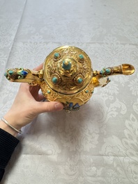 A rare Chinese export precious stone-inset and enamelled gilt-silver coffee set with matching tray, silver marks, 20th C.