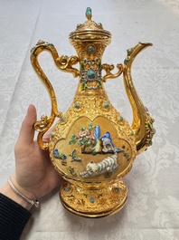 A rare Chinese export precious stone-inset and enamelled gilt-silver coffee set with matching tray, silver marks, 20th C.