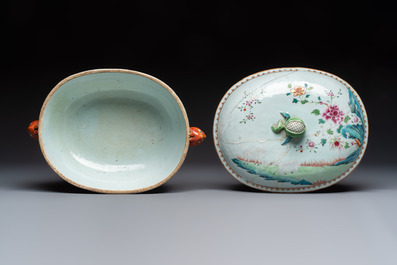 A Chinese famille rose covered 'Goats' tureen and a blue and white 'Floral' dish, Kangxi/Qianlong