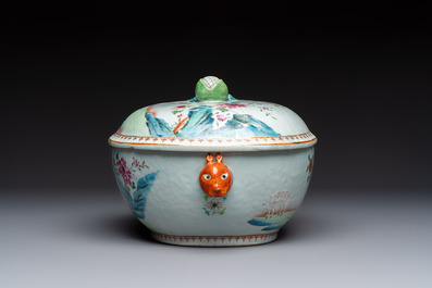 A Chinese famille rose covered 'Goats' tureen and a blue and white 'Floral' dish, Kangxi/Qianlong