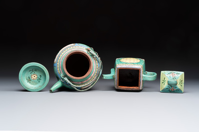 Two Chinese enamelled Yixing stoneware teapots, 19th C.