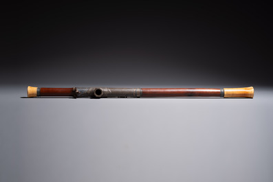 A Chinese enamelled Yixing stoneware teapot, a pewter container, a horn cup, a bamboo brush pot, and an opium pipe, Wan Shun 萬順 mark, 19/20th C.