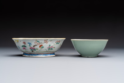 Seven Chinese blue and white, famille rose, and celadon wares, 18/19th C.