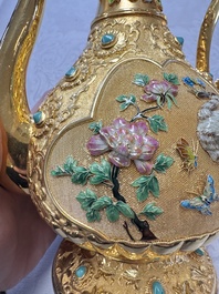 A rare Chinese export precious stone-inset and enamelled gilt-silver coffee set with matching tray, silver marks, 20th C.