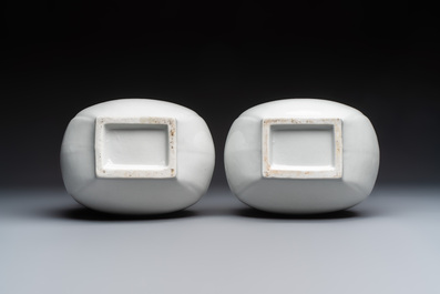 A pair of Chinese white-glazed 'Hu' vases and a Longquan celadon 'Twin Fish' plate, 20th C.