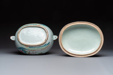 A Chinese famille rose covered 'Goats' tureen and a blue and white 'Floral' dish, Kangxi/Qianlong