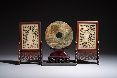 A pair of Chinese jade-inset wooden table screens, a jade-inset wooden ruyi with its original stand and a jade 'bi' disc on a wooden stand, 19/20th C.