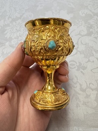 A rare Chinese export precious stone-inset and enamelled gilt-silver coffee set with matching tray, silver marks, 20th C.