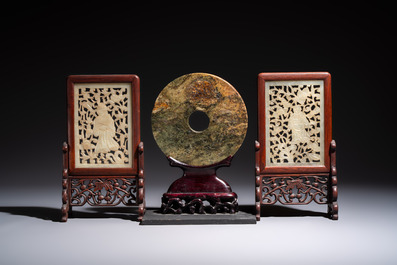 A pair of Chinese jade-inset wooden table screens, a jade-inset wooden ruyi with its original stand and a jade 'bi' disc on a wooden stand, 19/20th C.