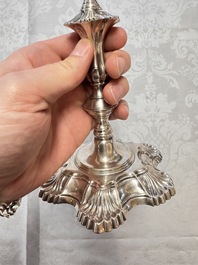 Two English silver candlesticks, William Cafe, London, dated 1751 and 1774
