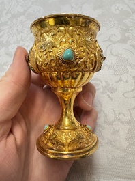A rare Chinese export precious stone-inset and enamelled gilt-silver coffee set with matching tray, silver marks, 20th C.