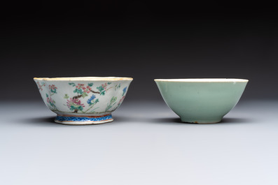 Seven Chinese blue and white, famille rose, and celadon wares, 18/19th C.