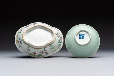 Seven Chinese blue and white, famille rose, and celadon wares, 18/19th C.