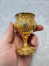 A rare Chinese export precious stone-inset and enamelled gilt-silver coffee set with matching tray, silver marks, 20th C.