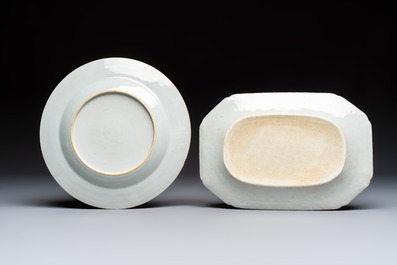 Seven Chinese blue and white, famille rose, and celadon wares, 18/19th C.