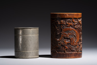 A Chinese enamelled Yixing stoneware teapot, a pewter container, a horn cup, a bamboo brush pot, and an opium pipe, Wan Shun 萬順 mark, 19/20th C.