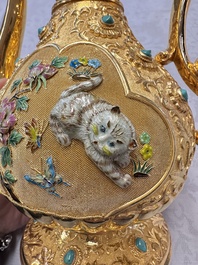 A rare Chinese export precious stone-inset and enamelled gilt-silver coffee set with matching tray, silver marks, 20th C.