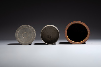 A Chinese enamelled Yixing stoneware teapot, a pewter container, a horn cup, a bamboo brush pot, and an opium pipe, Wan Shun 萬順 mark, 19/20th C.
