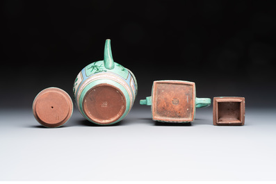 Two Chinese enamelled Yixing stoneware teapots, 19th C.