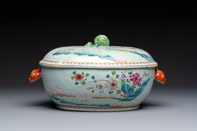 A Chinese famille rose covered 'Goats' tureen and a blue and white 'Floral' dish, Kangxi/Qianlong