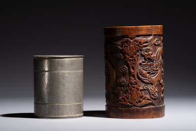A Chinese enamelled Yixing stoneware teapot, a pewter container, a horn cup, a bamboo brush pot, and an opium pipe, Wan Shun 萬順 mark, 19/20th C.