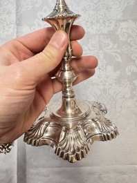 Two English silver candlesticks, William Cafe, London, dated 1751 and 1774
