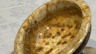A carved English Blue John fluorspar tazza, ca. 1900