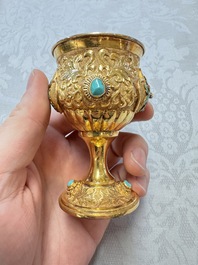 A rare Chinese export precious stone-inset and enamelled gilt-silver coffee set with matching tray, silver marks, 20th C.