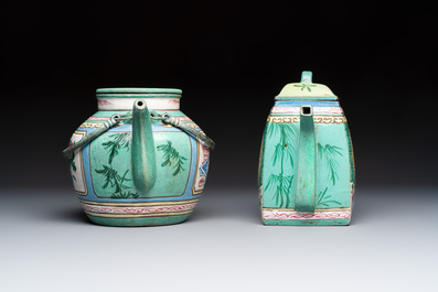 Two Chinese enamelled Yixing stoneware teapots, 19th C.