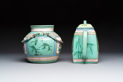 Two Chinese enamelled Yixing stoneware teapots, 19th C.