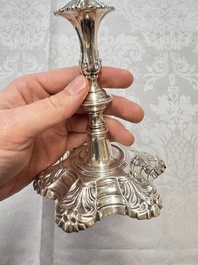 Two English silver candlesticks, William Cafe, London, dated 1751 and 1774