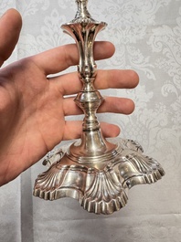 Two English silver candlesticks, William Cafe, London, dated 1751 and 1774