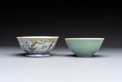Seven Chinese blue and white, famille rose, and celadon wares, 18/19th C.