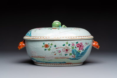 A Chinese famille rose covered 'Goats' tureen and a blue and white 'Floral' dish, Kangxi/Qianlong
