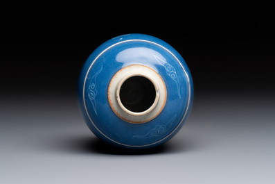 A Chinese blue-glazed 'Antiquities' jar with incised design, Kangxi
