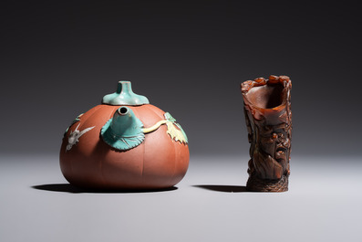 A Chinese enamelled Yixing stoneware teapot, a pewter container, a horn cup, a bamboo brush pot, and an opium pipe, Wan Shun 萬順 mark, 19/20th C.